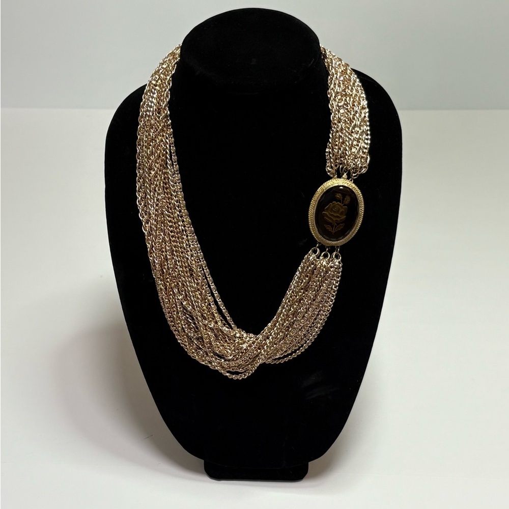 GOLDETTE Vintage 24 Strand Amber Glass Reverse Intaglio Necklace Grannycore